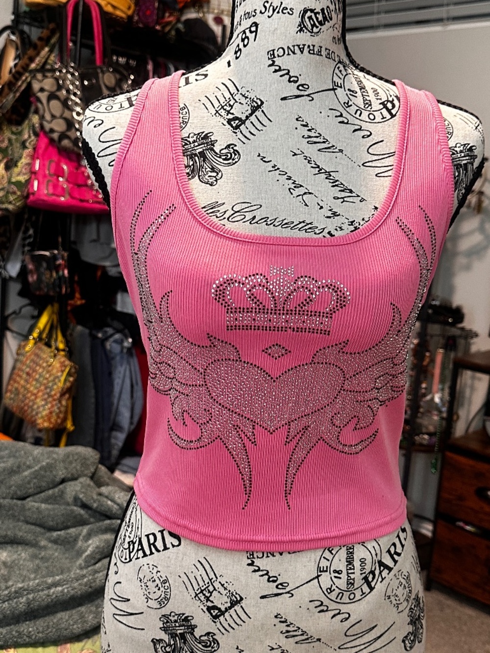Pink rhinestone heart tank top
